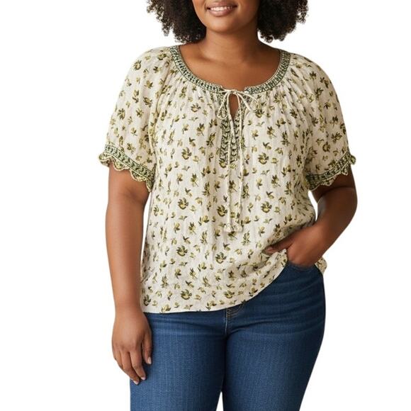 Max Studio Peasant Top Womens Size 2X Lemon Print Cream Green Citrus Boho Knit - Picture 1 of 10